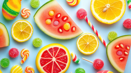 Colorful candies with blue pastel background. Wallpaper photo for desktop.