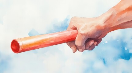A watercolor of a track and field relay, with the baton handoff highlighted in bright tones, watercolor, relay race, action