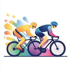 Obraz premium Colorful abstract illustration of two cyclists racing with dynamic background splash elements. Vibrant design and motion concept.