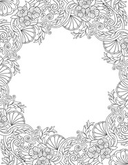 Ornate black outline floral frame template for invitation, banner, wedding design with copy space on white background