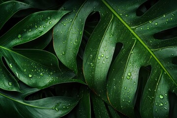 abstract green leaf texture, tropical leaf foliage nature dark green background , ai