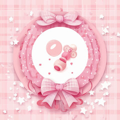 Pink and white cake with bow and stars, on a pink plate, with a bow and star decoration, set against a paisley patterned background.