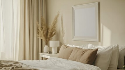 Minimalist Bedroom Interior with White Bed, Pampas Grass, and a Blank Frame