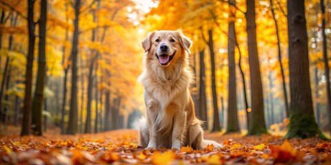 Golden Retriever Sitting in Autumn Forest, Dog, Forest, Fall, Autumn