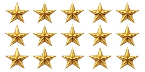 Obraz premium Golden Star Pattern - 18 Stars in 3 Rows, White Background, 3D Render, stars, rating, award