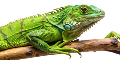 Fototapeta premium Green Iguana on Branch, Close-Up, Green Scales, Reptile, Wildlife, Iguana, Lizard