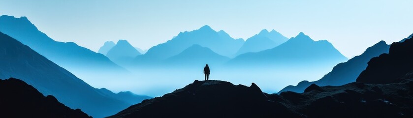 Silhouette of a Person Standing on a Mountain Peak with a View of Distant Mountains
