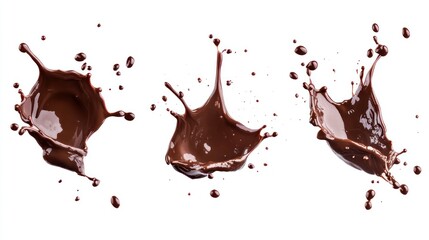 Three Chocolate Splashes with Droplets on White Background