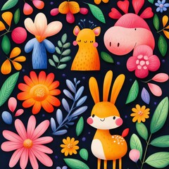 Obraz premium Cute Cartoon Animals and Flowers in a Floral Pattern