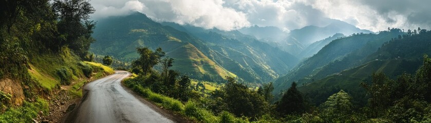Winding Road Through Misty Mountain Valley