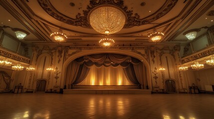 Obraz premium Well-Lit Event Hall Featuring a Stage with Ornate Ceiling and Chandeliers