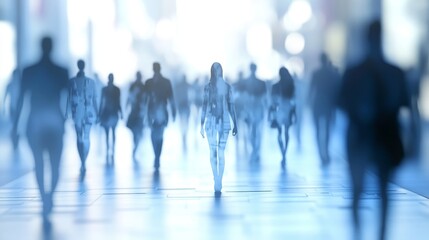 Blurred silhouettes of people walking in a busy city street.