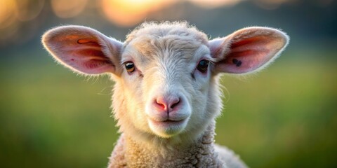Obraz premium Lamb Portrait - Close-up of a fluffy white lamb with curious eyes, looking directly at the camera in a grassy field during golden hour, lamb, sheep, farm animal
