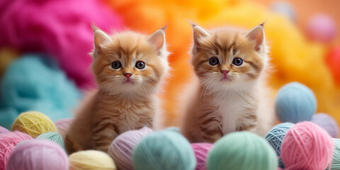Curious Kittens Sitting on Colorful pastel Yarn Balls