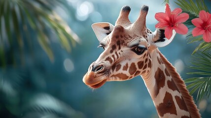 Obraz premium A giraffe exploring a lush, luxurious garden, surrounded by vibrant flowers and elegant design.