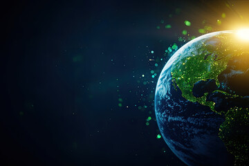 Naklejka premium A beautiful view of Earth illuminated by sunlight, showcasing vibrant colors and a sense of wonder in the universe.