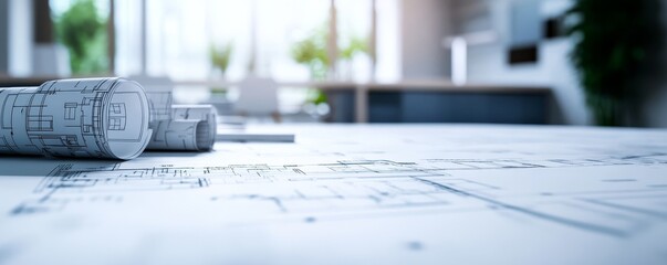 Rolled blueprints on a table in a bright office.