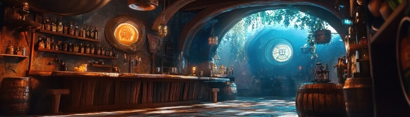 A dimly lit tavern interior with a wooden bar and barrels