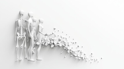 White 3D skeletal figures fading into a trail of fragments on a white background. Minimalist art concept.
