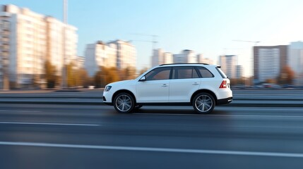 White SUV driving on a city street with buildings in the background.