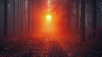 Misty Forest at Sunrise with Deep Red and Orange Hues