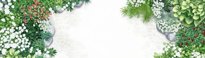 Flowering shrubs flat design, top view, garden borders theme, animation, Complementary Color Scheme