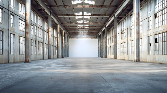 A spacious, empty industrial interior with tall metal pillars and blank white walls, ready for customization or industrial use