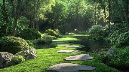 Naklejka premium Moss gardens flat design, front view, lush green carpet theme, water color, Triadic Color Scheme