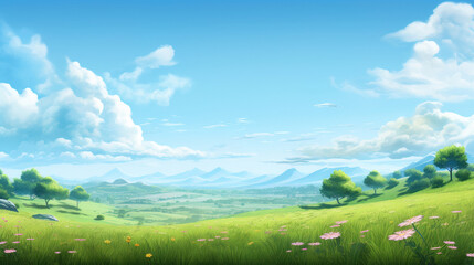 Serene Summer Landscape: Green Grass, Blue Sky, and Distant Mountains