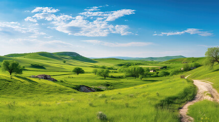 Obraz premium Serene Green Hills and Winding Country Road - Tranquil Landscape Photography