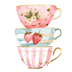 Vintage porcelain tea cups stacked. Beautiful retro illustration in simple hand drawn watercolor style. Isolated element for design, clip art, sticker.