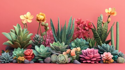 Fototapeta premium Flowering succulents flat design, side view, unique desert plants theme, 3D render, Splitcomplementary color scheme