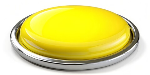 Shiny Yellow Button with Chrome Trim, 3D Render, Graphic Design, White Background, Button, Chrome, Yellow