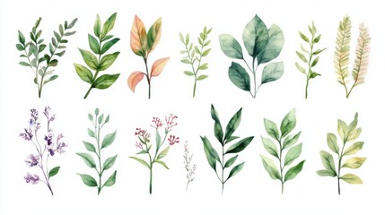 Botanical illustrations flat design, top view, detailed plant art theme, water color, vivid