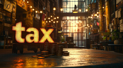 3D-rendered word "tax" in modern font, depicted with a stack of coins beside it. The image symbolizes financial responsibilities, economic planning, and fiscal policy