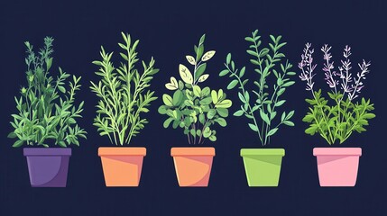 Fototapeta premium Aromatic herbs flat design, front view, fragrant garden plants theme, cartoon drawing, Complementary Color Scheme