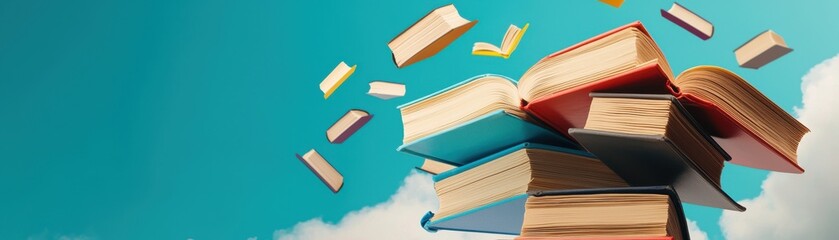 Naklejka premium A vibrant stack of colorful books soaring in a bright blue sky, symbolizing knowledge, creativity, and learning.