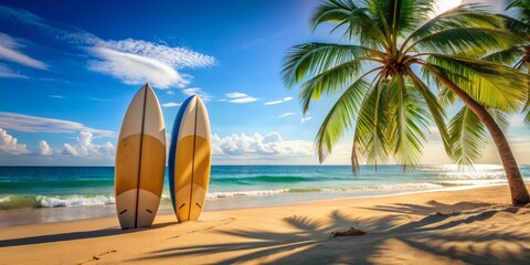 Surfboards Under Palm Tree on Sunny Beach, Surfboard, Tropical Beach, Summer Vacation