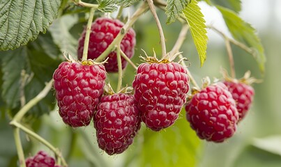 Fresh raspberries hanging on a plant, showcasing their vibrant red color and texture.