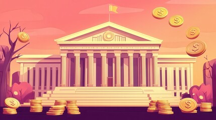 Fototapeta premium Government bonds flat design, front view, sovereign debt theme, cartoon drawing, Complementary Color Scheme