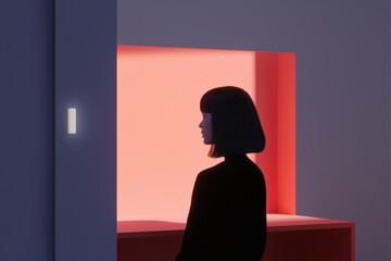 Silhouetted Woman in Minimalist Neon Lit Room with Red Light Focused Window