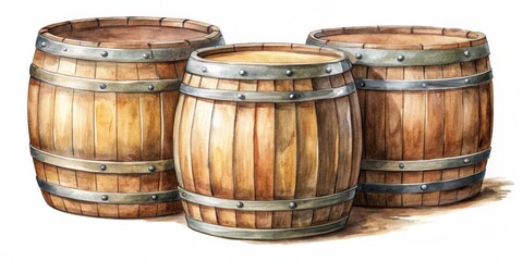 Fototapeta premium Three Watercolor Barrels, Watercolor, Wooden, Wine , Barrel , Vintage