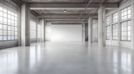 A modern industrial space featuring clean white walls, exposed metal beams, and a wide, open floor plan, emphasizing versatility and potential