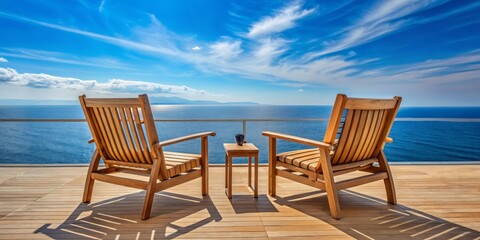 Two Wooden Chairs on Deck Overlooking the Sea, Blue Sky and Clouds, Wooden Deck, Ocean View, Relaxation, Vacation , Greece