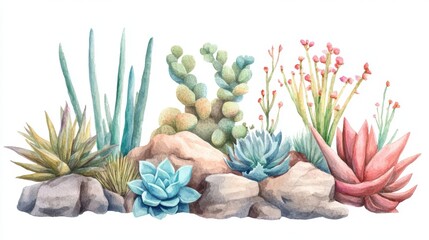 Fototapeta premium Succulent plants flat design, side view, desert flora theme, water color, colored pastel