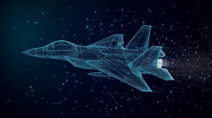 High speed concept. Fighter jet. With dark blue background. Low poly wireframe with lines, dots and glowing particles
