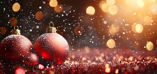 The image features vibrant red Christmas ornaments dusted with snowflakes, surrounded by shimmering background. A warm atmosphere radiates joyful holiday spirit, evoking nostalgia and cheer.