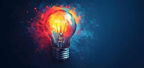 A vibrant light bulb glows amidst an explosion of colorful abstract splashes, symbolizing creative energy. Background is a deep blue, enhancing the electric atmosphere of innovation and ideas.