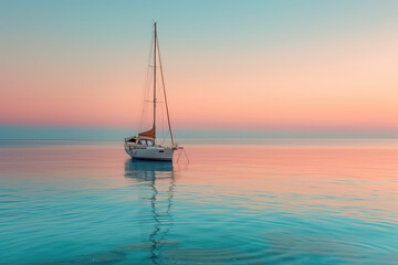 Sailing boat anchored on tranquil sea during sunset, with reflections creating a peaceful ambiance. Sky painted with soft hues blending into calm ocean, emphasizing serenity