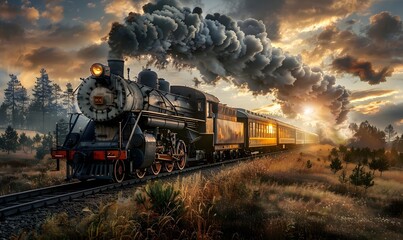 Fototapeta premium Vintage steam train with ancient locomotive and old carriages runs on the tracks in the countryside. 